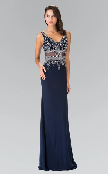 Sheath Floor-Length V-Neck Sleeveless Jersey Straps Dress With Beading