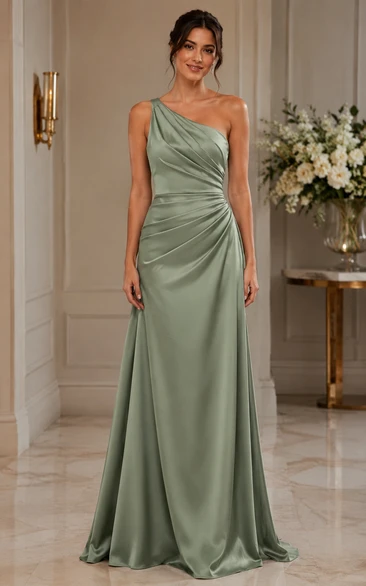 Sage One-Shoulder Satin Sheath Bridesmaid Dress