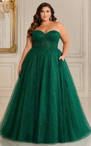 Plus Size Dark Green Strapless Glitter Tulle Ball Gown