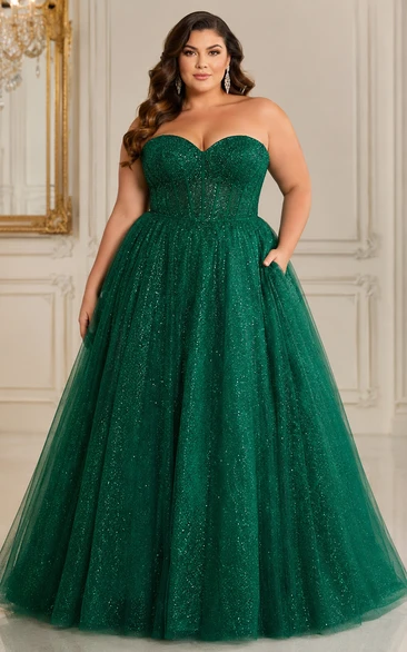 Plus Size Dark Green Strapless Glitter Tulle Ball Gown