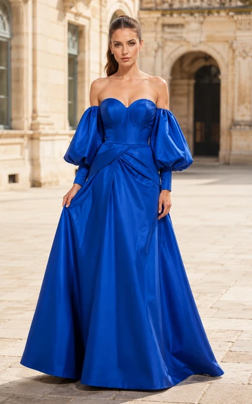 Royal Blue Off-the-Shoulder Satin Ball Gown with Puff Sleeves