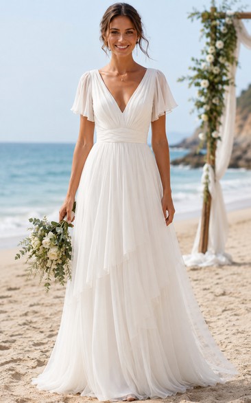 V-Neck A-Line Chiffon Wedding Dress with Flutter Sleeves and Train