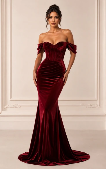 Robe de bal sirène en velours rouge foncé avec corsage corset en forme de cœur
