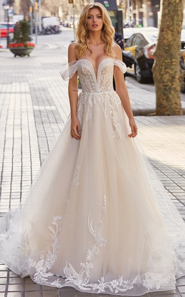 Fairytale Off-the-shoulder Notched A-line Tulle Ball Gown Lace Wedding Dress with Corset Back