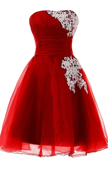 Strapless Pleated Dress With Ruching and Tulle Overlay