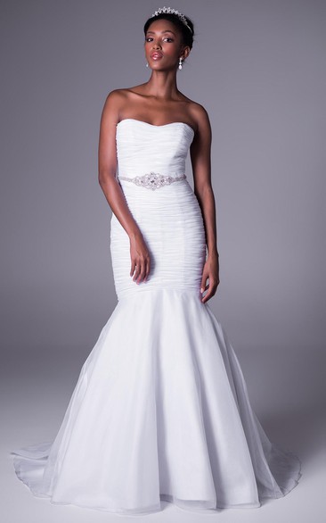 Trumpet Long Strapless Jeweled Chiffon Wedding Dress With Ruching And Brush Train