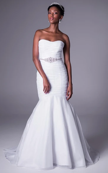 Trumpet Long Strapless Jeweled Chiffon Wedding Dress With Ruching And Brush Train