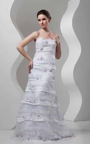 Strapless Sheath Floor-Length Lace Sweep Train and Dress With Flower