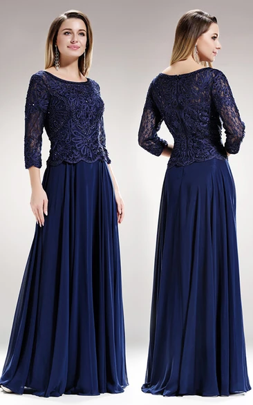 A-Line Long Bateau 3-4-Sleeve Lace Chiffon Zipper Dress With Pleats