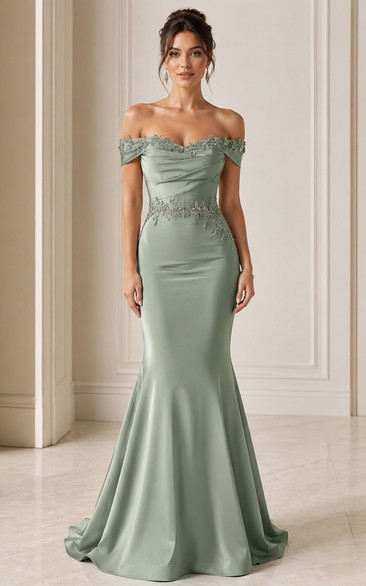 Mermaid Lace Evening Dress with Off-the-shoulder, Short Sleeve and Lace Ruching, Floor Length
