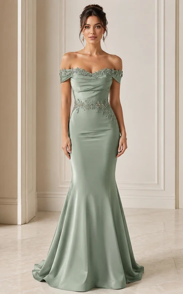 Mermaid Lace Evening Dress with Off-the-shoulder, Short Sleeve and Lace Ruching, Floor Length
