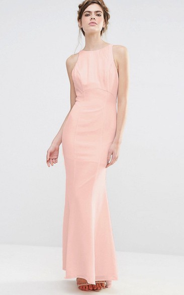 Sheath Sleeveless Jewel-Neck Cascading-Ruffle Floor-Length Chiffon Bridesmaid Dress