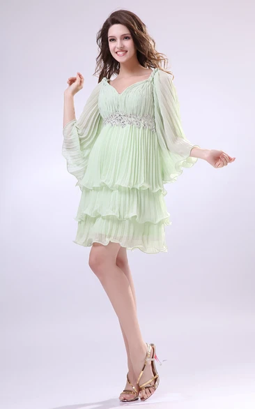 V-Neck Puff Sleeve Short Dress With Pleating and Beading