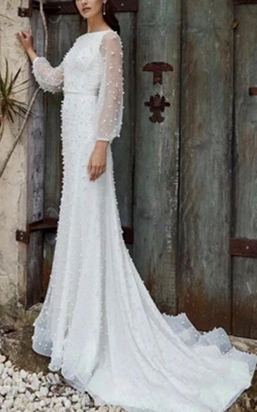 Bateau-neck Pearls Illusion Long Sleeve Sheath Beach Classy Wedding Dress