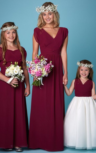 Ruched V-Neck Short Sleeve Chiffon Bridesmaid Dress