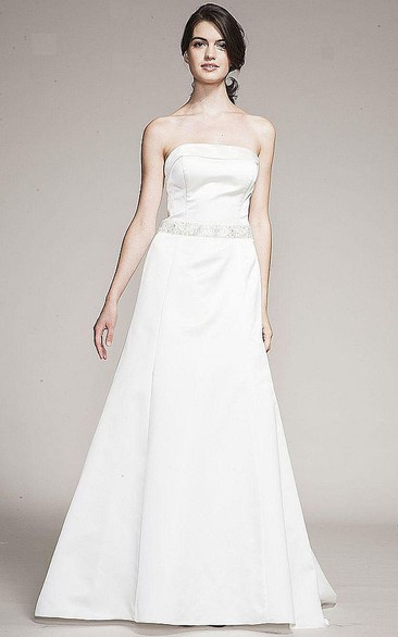 A-Line Strapless Jeweled Maxi Sleeveless Satin Wedding Dress