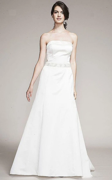 A-Line Strapless Jeweled Maxi Sleeveless Satin Wedding Dress