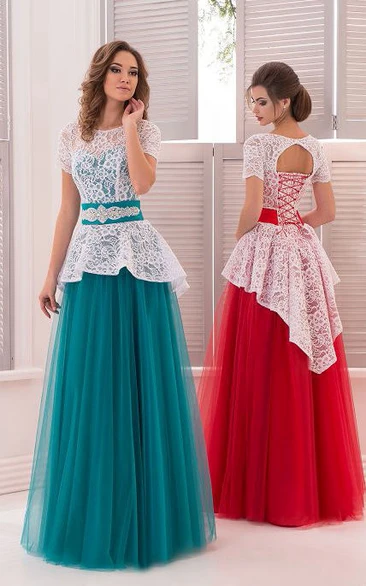 A-Line Floor-Length High-Neck Short Sleeve Lace Crystal Detailing Sash Lace-Up Dress