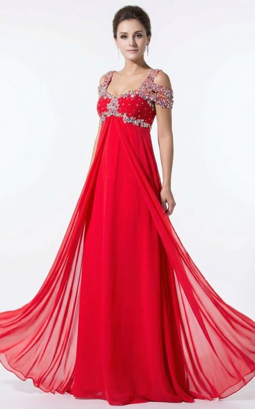 Cap Sleeve Beaded Chiffon Flowy Gown
