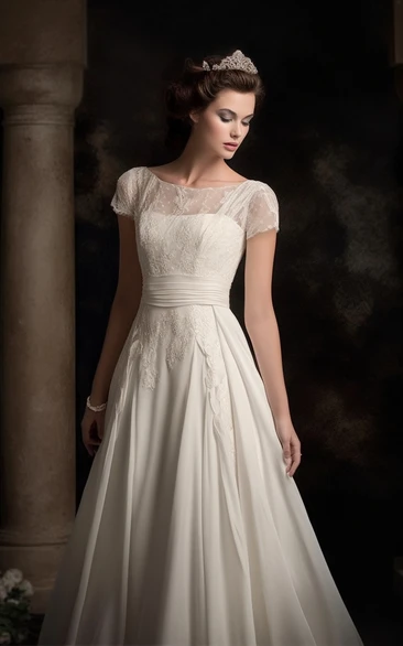 Scoop-neck Short-sleeve Empire A-line Chiffon Modest Wedding Dress with Lace Top