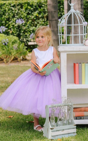 Tea-Length Floral Tiered Tulle&Satin Flower Girl Dress With Embroidery