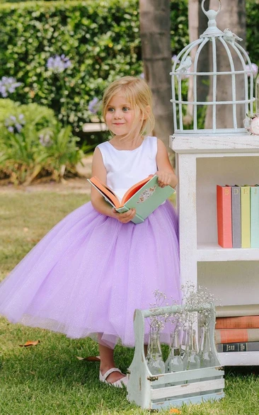 Tea-Length Floral Tiered Tulle&Satin Flower Girl Dress With Embroidery