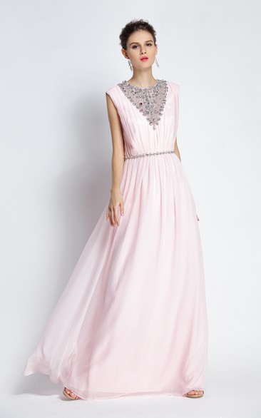 A-Line Floor-length Jewel Chiffon Sleeveless Prom Dress with Beading and Ruching