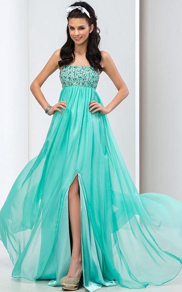 Strapless Beaded Sequins Front-Split Prom Dress