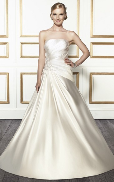 A-Line Strapless Side-Draped Sleeveless Floor-Length Satin Wedding Dress With Beading And Lace-Up Back