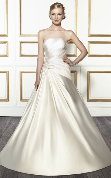 A-Line Strapless Side-Draped Sleeveless Floor-Length Satin Wedding Dress With Beading And Lace-Up Back