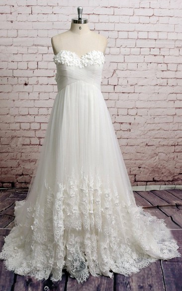 Empire Sweetheart Lace and Tulle Bridal Dress With Petals and Crisscross Ruching