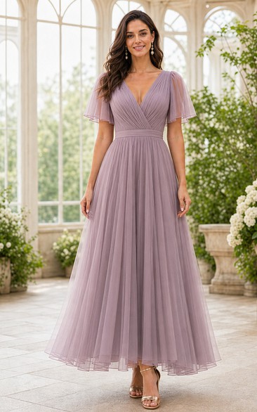 Lavender V-neck Flutter Sleeve Tulle Floor-length A-Line Dress