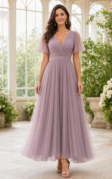 Lavender V-neck Flutter Sleeve Tulle Floor-length A-Line Dress