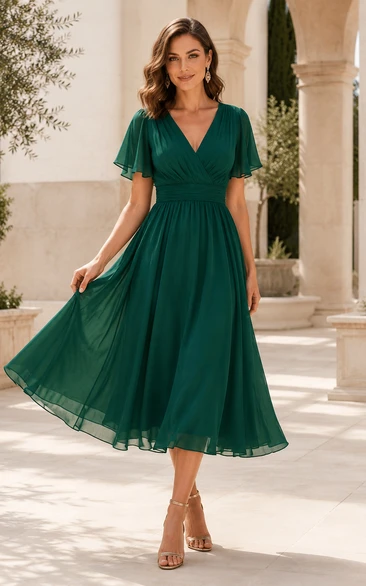 Dunkelgrünes Chiffon-Gästekleid in Teelänge mit A-Linien-Schnitt, V-Ausschnitt und Volantärmeln