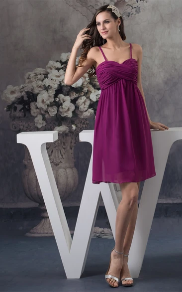 Spaghetti Straps Knee Length A-Line Criss Cross Chiffon Gown With Zipper Back