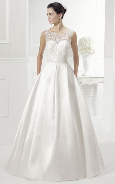 Jewel Neck Sleeveless Taffeta Bridal Ball Gown With Lace Bodice
