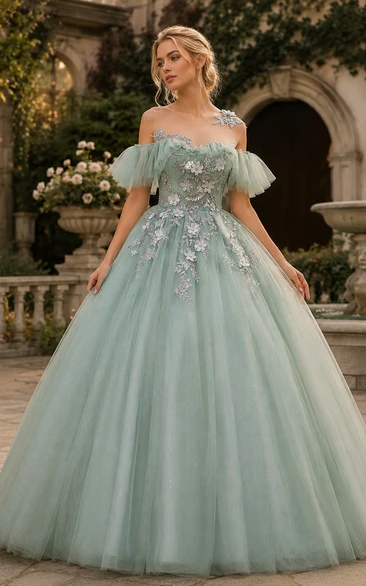 Light Green Off-the-Shoulder Embroidered Ball Gown