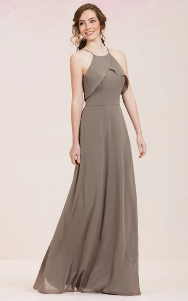 High-Neck Sleeveless Floor-Length Bridesmaid Dress With Ruffles