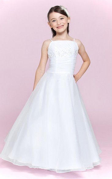 Flower Girl Spaghetti Straps Square Neck Organza Long Dress With Bandage
