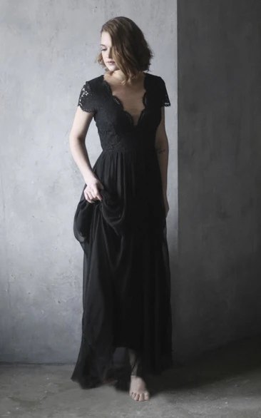 Black Chiffon Wedding Dress With Scalloped V-neck Lace Appliques Short Sleeve And Illusion Back
