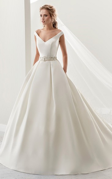 Simple V-Neck A-Line Satin Wedding Dress Styles With Beaded Belt And Brush Train