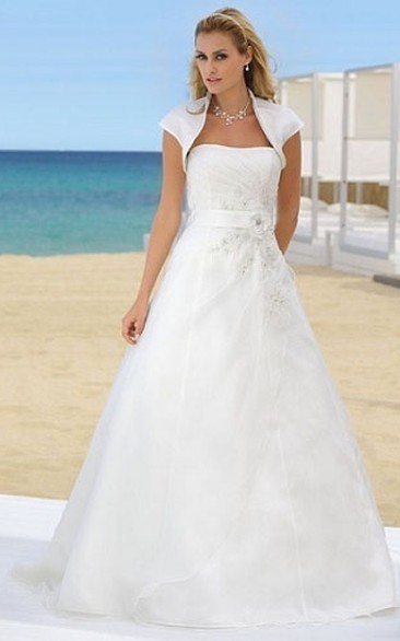 A-Line Cap-Sleeve Maxi Strapless Organza Wedding Dress With Cape And Side Draping