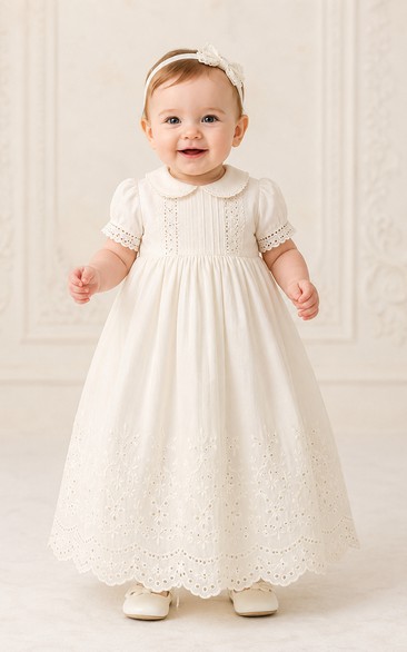 Baby Christening Gown Modest A-Line Short Sleeve Cotton Lace Tea-Length with Bow Sash in Ivory
