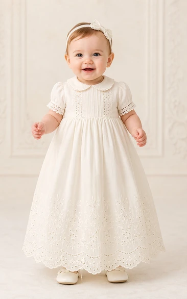 Baby Christening Gown Modest A-Line Short Sleeve Cotton Lace Tea-Length with Bow Sash in Ivory