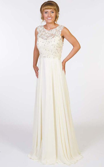 A-Line Sleeveless Appliqued Scoop Floor-Length Chiffon Prom Dress With Illusion Back And Beading