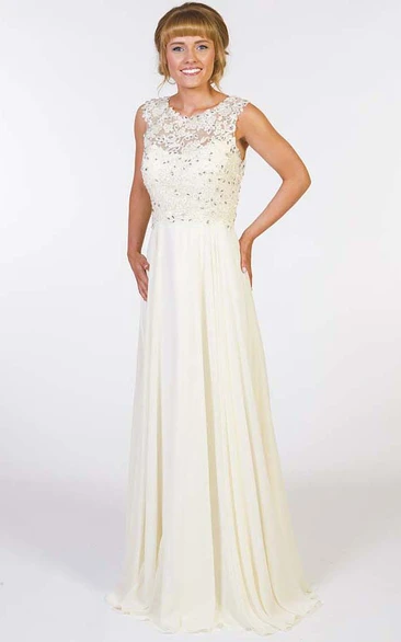 A-Line Sleeveless Appliqued Scoop Floor-Length Chiffon Prom Dress With Illusion Back And Beading