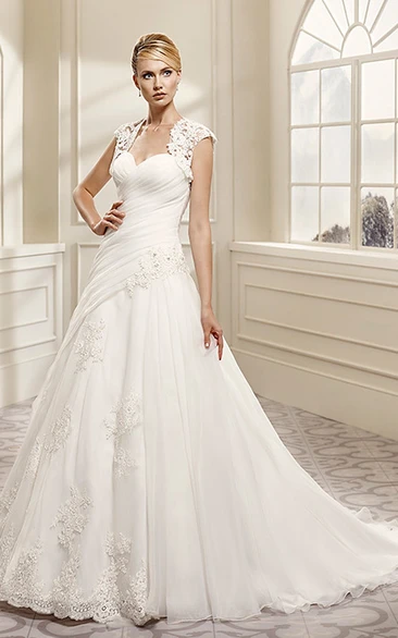 A-Line Long Criss-Cross Cap-Sleeve Wedding Dress With Appliques