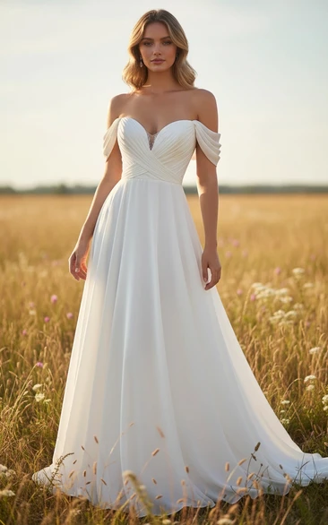 Simple Chiffon Sweetheart Criss-cross Wedding Dress with Flowing Skirt