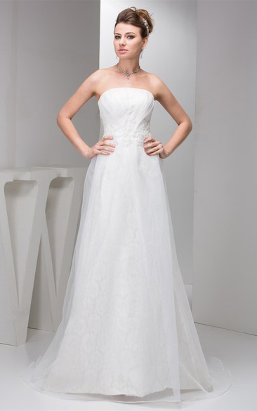 Strapless Tulle A-Line Chiffon Gown With Lace