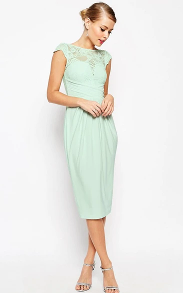 Tea-Length Sheath Lace Bateau Neck Cap Sleeve Chiffon Bridesmaid Dress